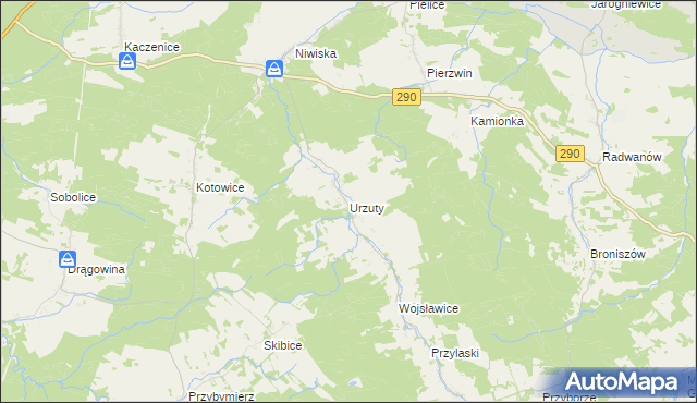 mapa Urzuty gmina Nowogród Bobrzański, Urzuty gmina Nowogród Bobrzański na mapie Targeo