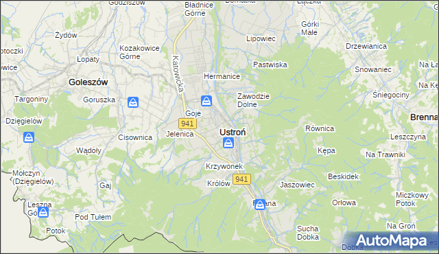 mapa Ustroń powiat cieszyński, Ustroń powiat cieszyński na mapie Targeo