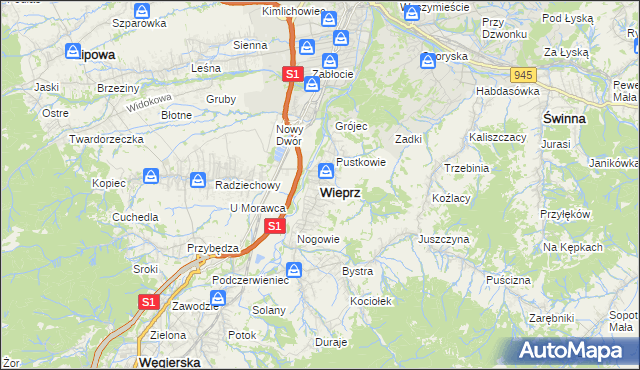 mapa Wieprz gmina Radziechowy-Wieprz, Wieprz gmina Radziechowy-Wieprz na mapie Targeo