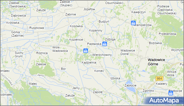mapa Wierzchowiny gmina Wadowice Górne, Wierzchowiny gmina Wadowice Górne na mapie Targeo