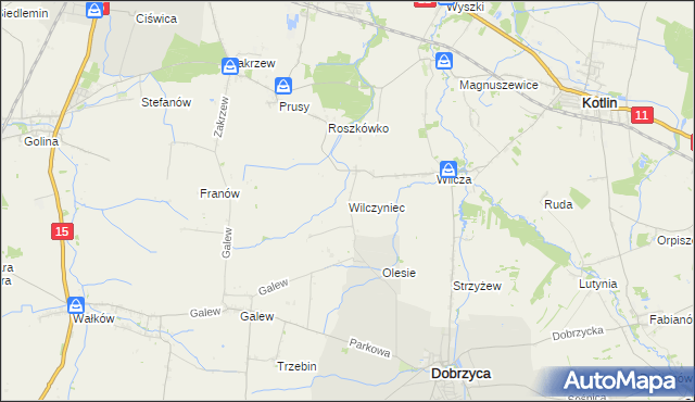 mapa Wilczyniec gmina Jarocin, Wilczyniec gmina Jarocin na mapie Targeo