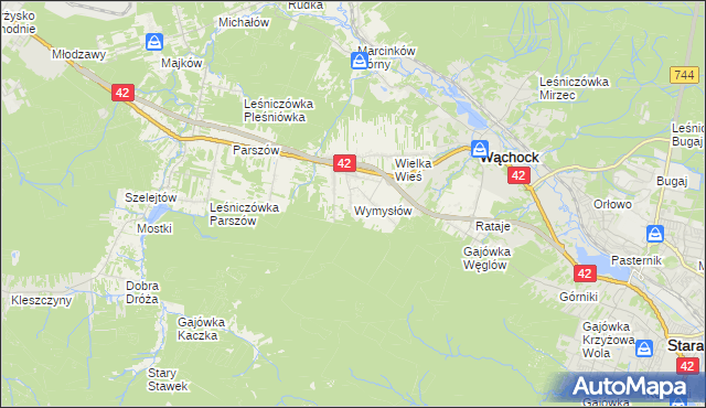 mapa Wymysłów gmina Wąchock, Wymysłów gmina Wąchock na mapie Targeo