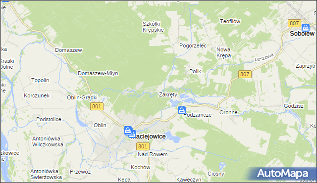 mapa Zakręty gmina Maciejowice, Zakręty gmina Maciejowice na mapie Targeo