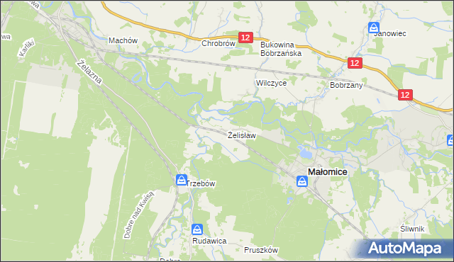 mapa Żelisław gmina Małomice, Żelisław gmina Małomice na mapie Targeo