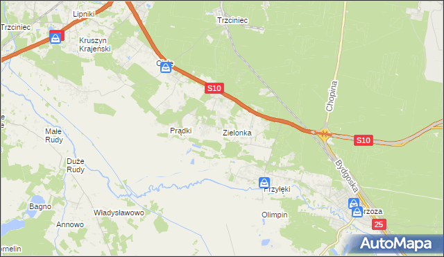 mapa Zielonka gmina Białe Błota, Zielonka gmina Białe Błota na mapie Targeo