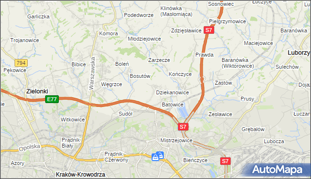mapa Dziekanowice gmina Zielonki, Dziekanowice gmina Zielonki na mapie Targeo