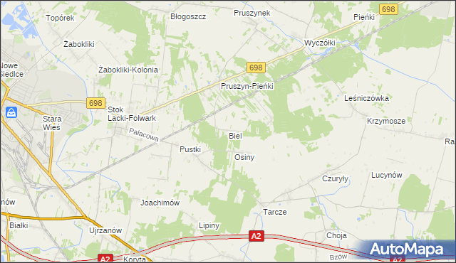 mapa Biel gmina Siedlce, Biel gmina Siedlce na mapie Targeo