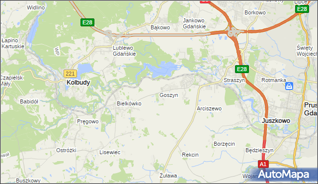 mapa Goszyn gmina Pruszcz Gdański, Goszyn gmina Pruszcz Gdański na mapie Targeo
