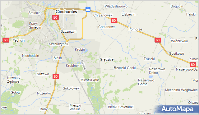mapa Grędzice gmina Ciechanów, Grędzice gmina Ciechanów na mapie Targeo