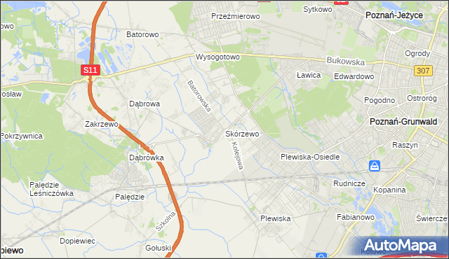 mapa Skórzewo gmina Dopiewo, Skórzewo gmina Dopiewo na mapie Targeo
