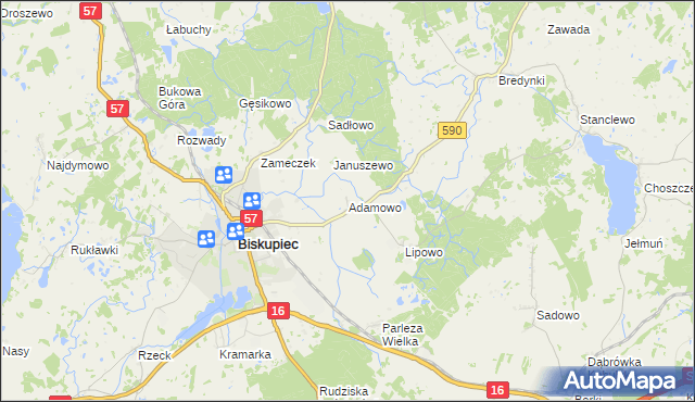 mapa Adamowo gmina Biskupiec, Adamowo gmina Biskupiec na mapie Targeo