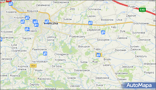 mapa Biskupice powiat wielicki, Biskupice powiat wielicki na mapie Targeo
