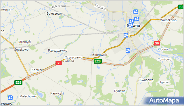 mapa Bobrowice gmina Sławno, Bobrowice gmina Sławno na mapie Targeo