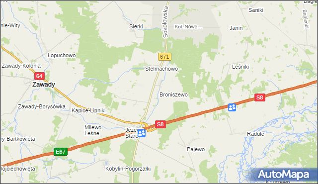 mapa Broniszewo gmina Tykocin, Broniszewo gmina Tykocin na mapie Targeo