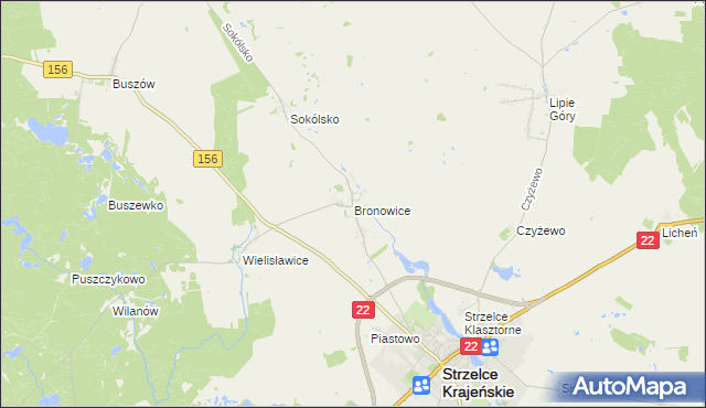 mapa Bronowice gmina Strzelce Krajeńskie, Bronowice gmina Strzelce Krajeńskie na mapie Targeo