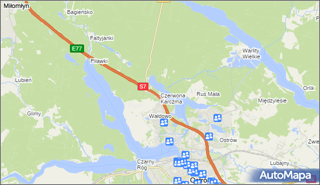 mapa Czerwona Karczma gmina Ostróda, Czerwona Karczma gmina Ostróda na mapie Targeo