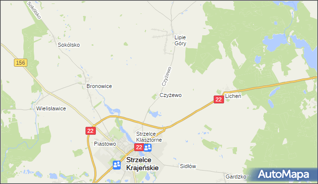 mapa Czyżewo gmina Strzelce Krajeńskie, Czyżewo gmina Strzelce Krajeńskie na mapie Targeo