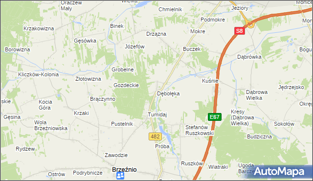 mapa Dębołęka gmina Brzeźnio, Dębołęka gmina Brzeźnio na mapie Targeo