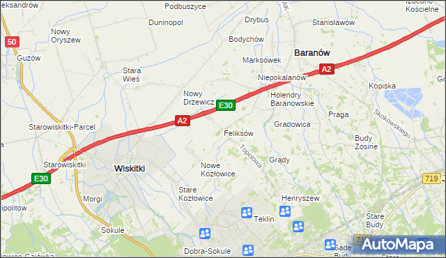 mapa Feliksów gmina Wiskitki, Feliksów gmina Wiskitki na mapie Targeo