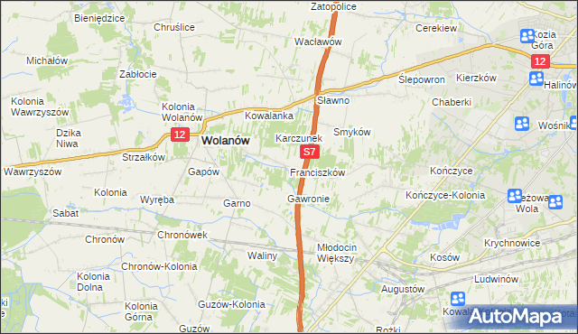 mapa Franciszków gmina Wolanów, Franciszków gmina Wolanów na mapie Targeo