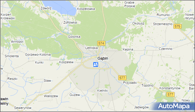mapa Gąbin powiat płocki, Gąbin powiat płocki na mapie Targeo