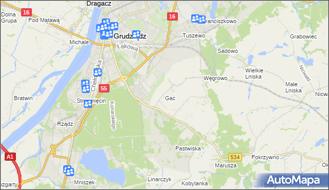 mapa Gać gmina Grudziądz, Gać gmina Grudziądz na mapie Targeo