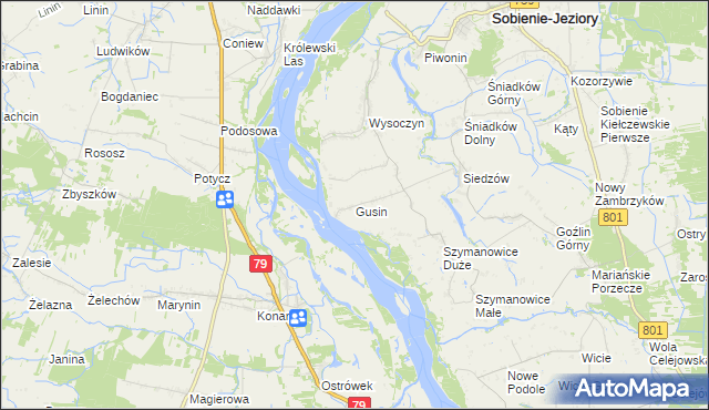 mapa Gusin gmina Sobienie-Jeziory, Gusin gmina Sobienie-Jeziory na mapie Targeo