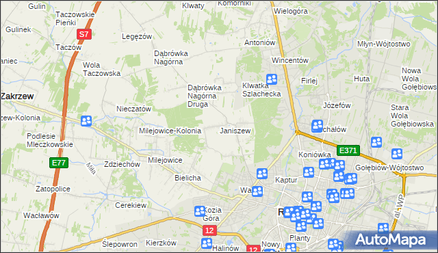 mapa Janiszew gmina Zakrzew, Janiszew gmina Zakrzew na mapie Targeo