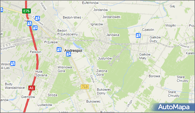 mapa Justynów gmina Andrespol, Justynów gmina Andrespol na mapie Targeo