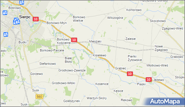 mapa Kisielewo gmina Sierpc, Kisielewo gmina Sierpc na mapie Targeo