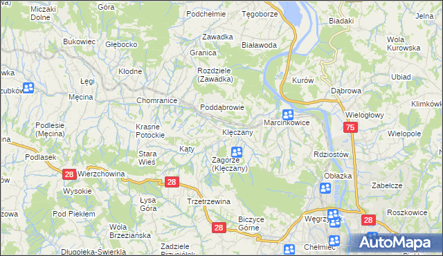 mapa Klęczany gmina Chełmiec, Klęczany gmina Chełmiec na mapie Targeo