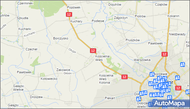 mapa Kościelna Wieś gmina Gołuchów, Kościelna Wieś gmina Gołuchów na mapie Targeo