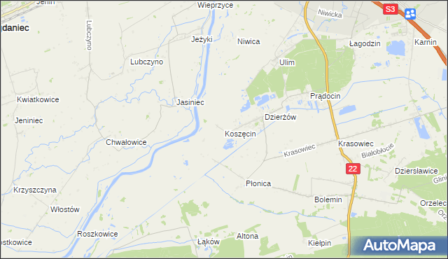 mapa Koszęcin gmina Deszczno, Koszęcin gmina Deszczno na mapie Targeo