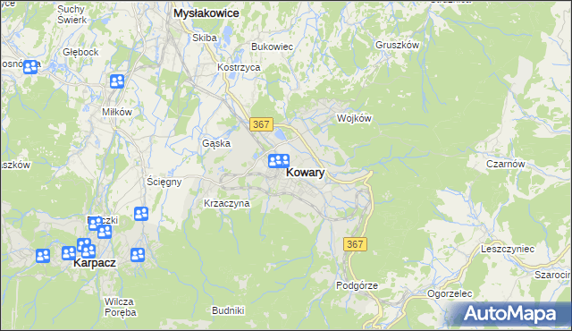 mapa Kowary powiat jeleniogórski, Kowary powiat jeleniogórski na mapie Targeo