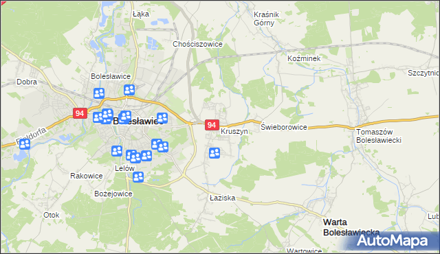 mapa Kruszyn gmina Bolesławiec, Kruszyn gmina Bolesławiec na mapie Targeo
