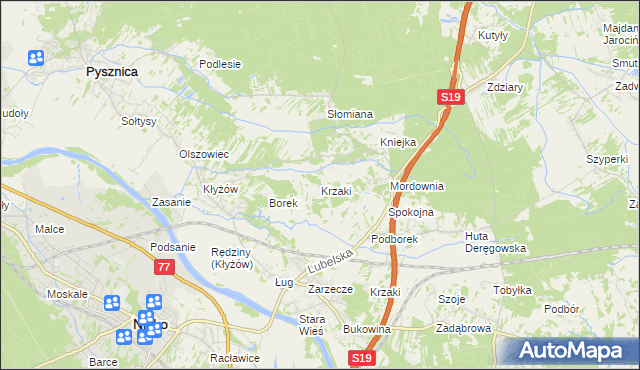 mapa Krzaki gmina Pysznica, Krzaki gmina Pysznica na mapie Targeo