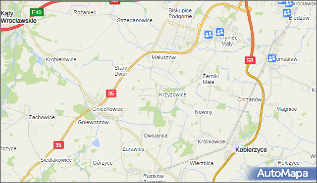 mapa Krzyżowice gmina Kobierzyce, Krzyżowice gmina Kobierzyce na mapie Targeo