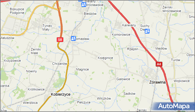 mapa Księginice gmina Kobierzyce, Księginice gmina Kobierzyce na mapie Targeo