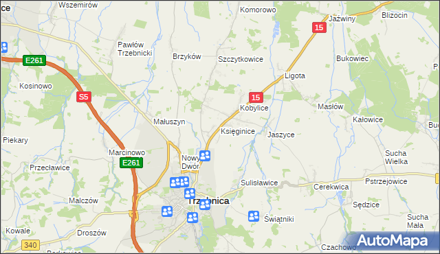 mapa Księginice gmina Trzebnica, Księginice gmina Trzebnica na mapie Targeo
