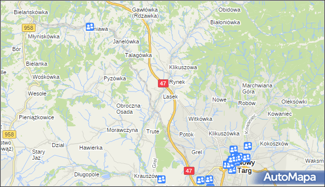 mapa Lasek gmina Nowy Targ, Lasek gmina Nowy Targ na mapie Targeo