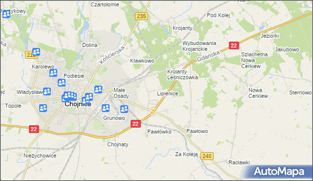 mapa Lipienice gmina Chojnice, Lipienice gmina Chojnice na mapie Targeo