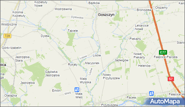 mapa Lisów gmina Promna, Lisów gmina Promna na mapie Targeo