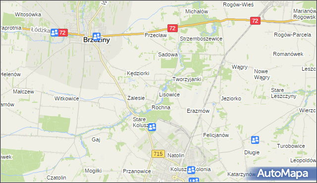 mapa Lisowice gmina Koluszki, Lisowice gmina Koluszki na mapie Targeo