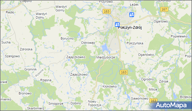 mapa Międzyborze gmina Połczyn-Zdrój, Międzyborze gmina Połczyn-Zdrój na mapie Targeo