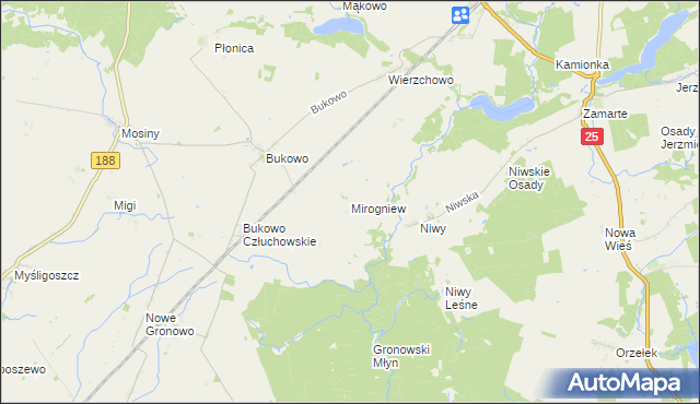 mapa Mirogniew gmina Człuchów, Mirogniew gmina Człuchów na mapie Targeo