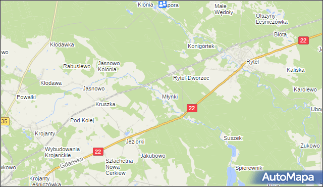 mapa Młynki gmina Czersk, Młynki gmina Czersk na mapie Targeo