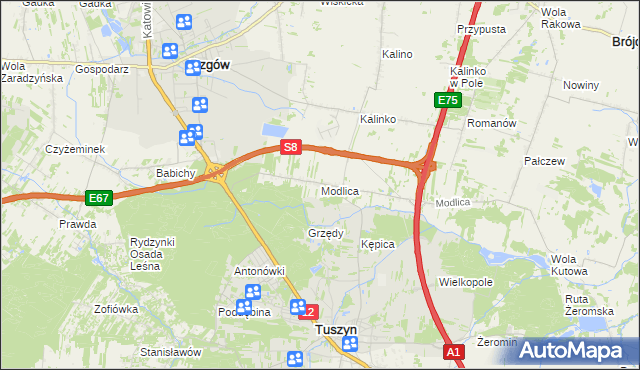 mapa Modlica gmina Tuszyn, Modlica gmina Tuszyn na mapie Targeo