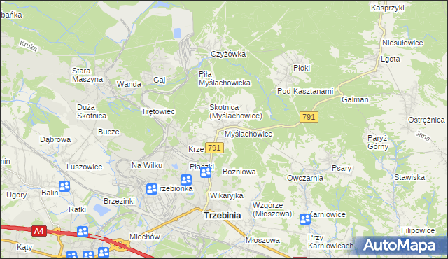 mapa Myślachowice, Myślachowice na mapie Targeo