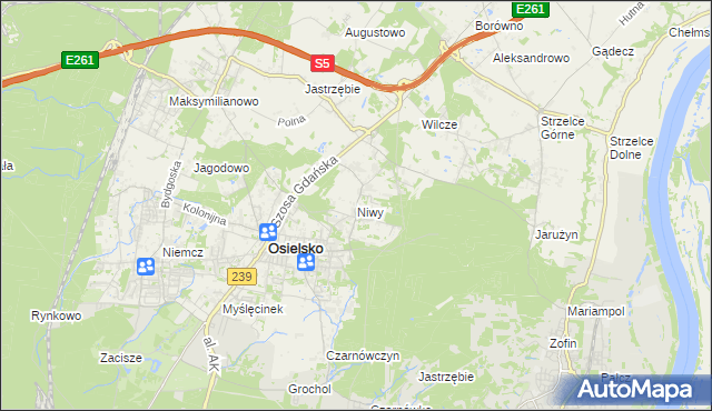 mapa Niwy gmina Osielsko, Niwy gmina Osielsko na mapie Targeo