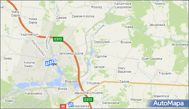 mapa Ogonów gmina Ryki, Ogonów gmina Ryki na mapie Targeo